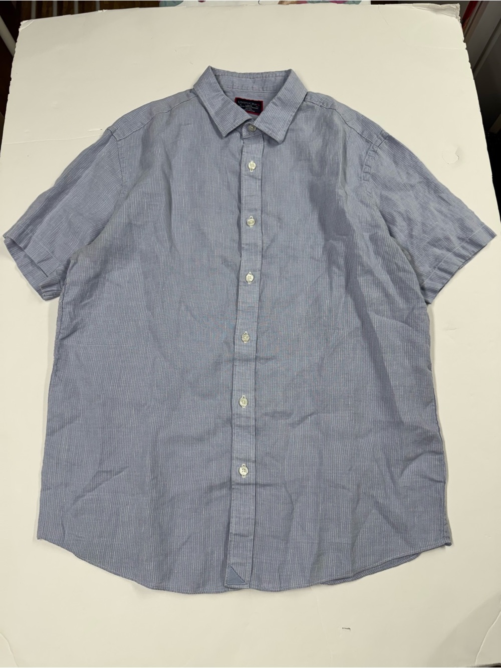 Untuckit Shirt Mens Large Slim Blue Linen Wrinkle Resistant Short Sleeve Button